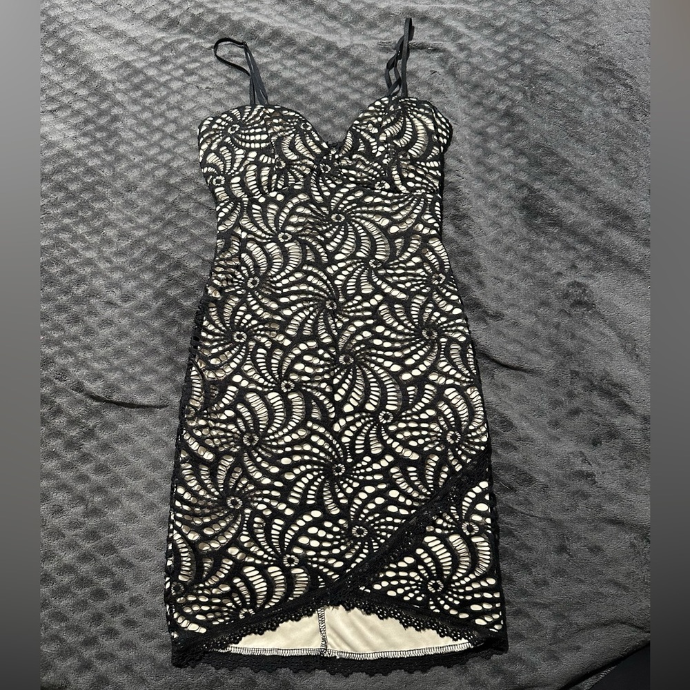 Tan and black mesh body con dress
